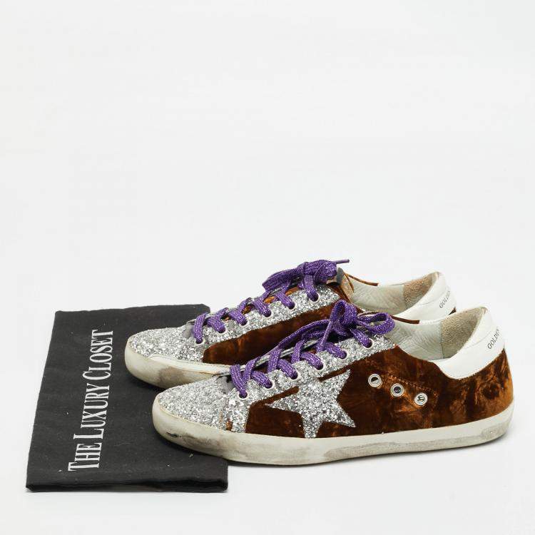 Pre Owned Golden Goose Brown/Silver Velvet and Glitter Superstar Low Top Sneakers Size 38
