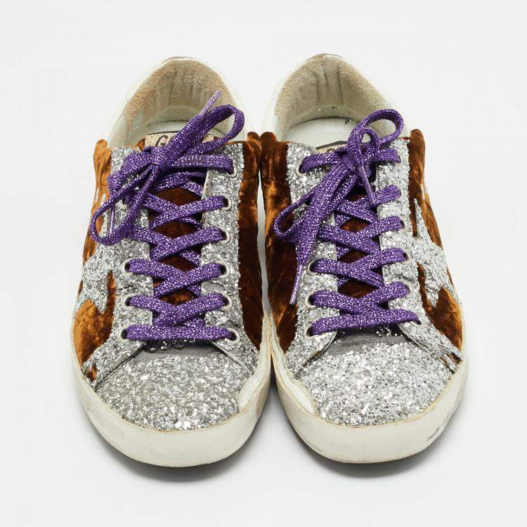 Pre Owned Golden Goose Brown/Silver Velvet and Glitter Superstar Low Top Sneakers Size 38