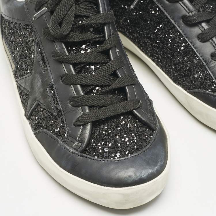 Pre Owned Golden Goose Black Glitter and Leather Superstar Low Top Sneakers Size 38