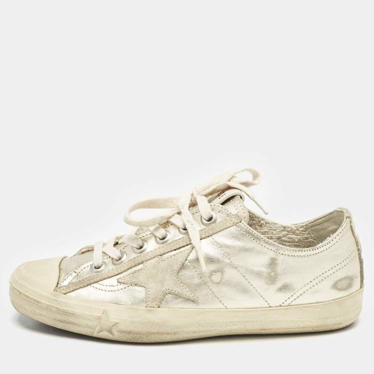 Pre Owned Golden Goose Gold Leather and Suede Super Star Sneakers Size 37