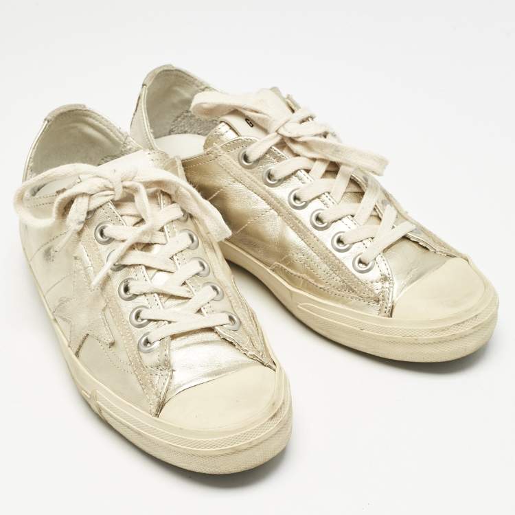 Pre Owned Golden Goose Gold Leather and Suede Super Star Sneakers Size 37