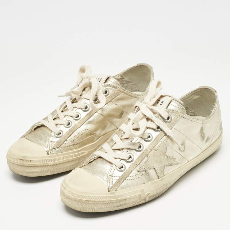 Pre Owned Golden Goose Gold Leather and Suede Super Star Sneakers Size 37