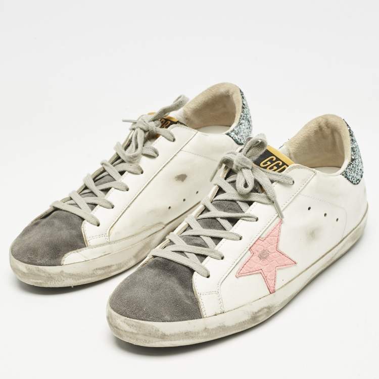 Pre Owned Golden Goose Silver/White Leather and Suede Superstar Low Top Sneakers Size 42