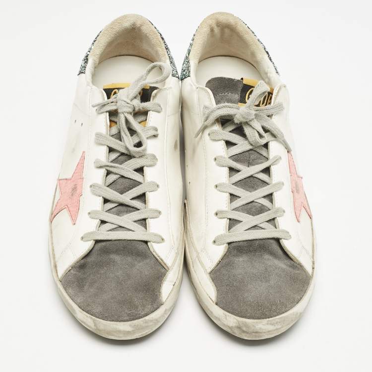 Pre Owned Golden Goose Silver/White Leather and Suede Superstar Low Top Sneakers Size 42