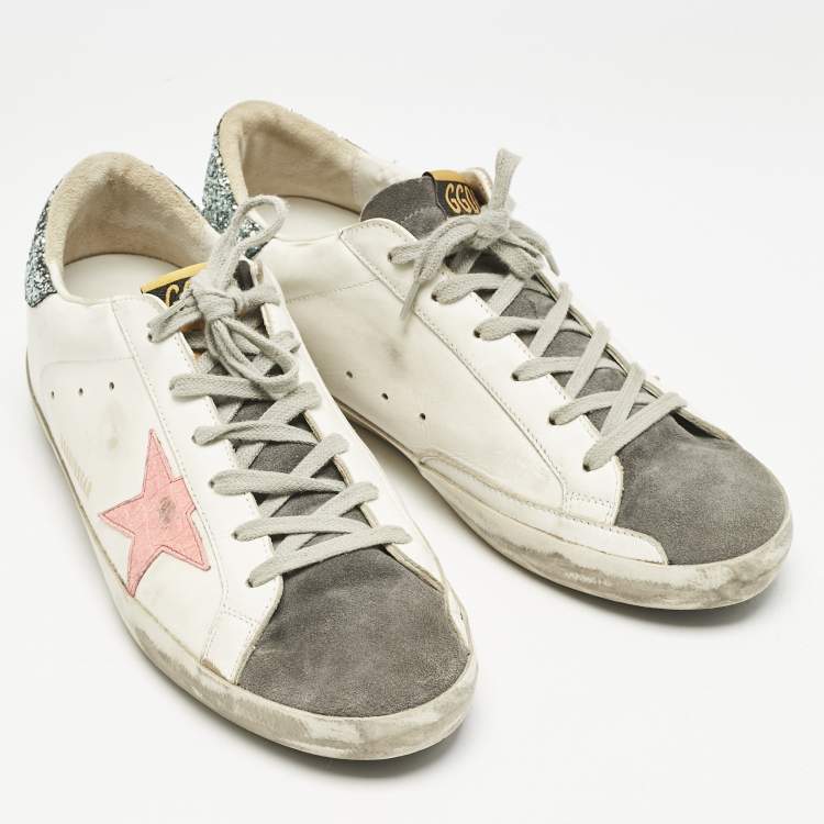 Pre Owned Golden Goose Silver/White Leather and Suede Superstar Low Top Sneakers Size 42