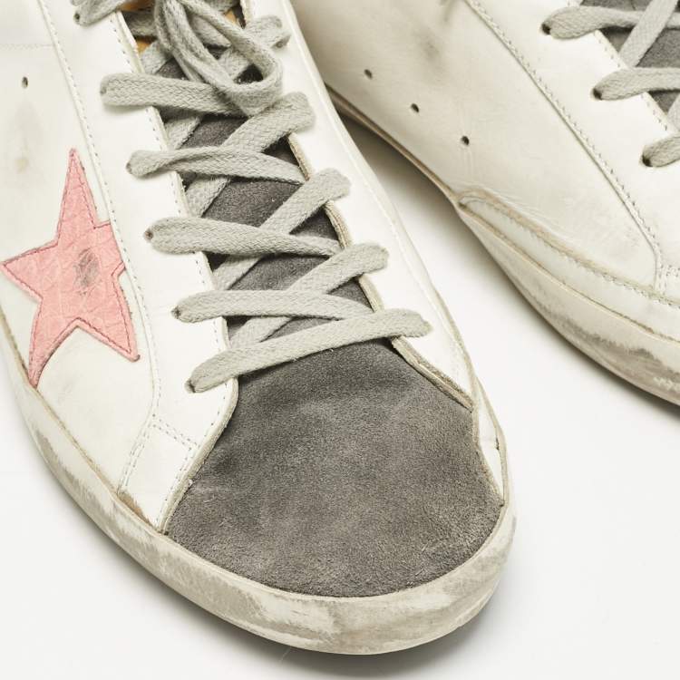 Pre Owned Golden Goose Silver/White Leather and Suede Superstar Low Top Sneakers Size 42