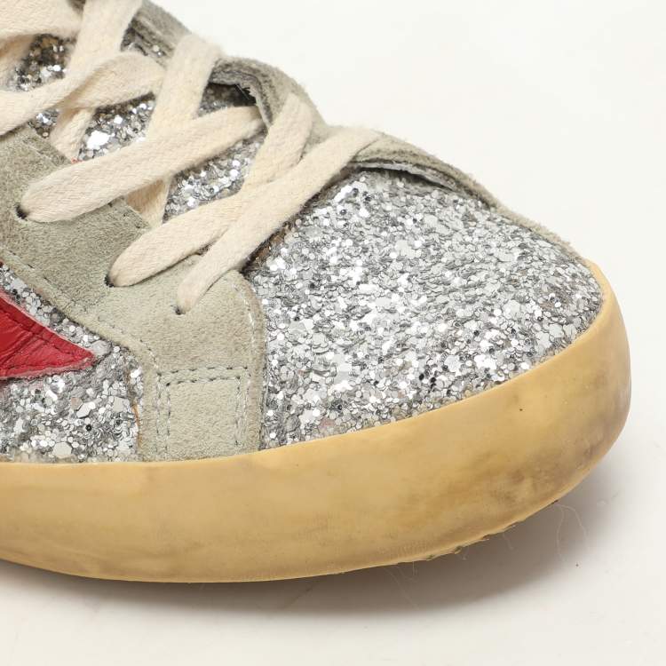 Pre Owned Golden Goose Silver Glitter and Suede Superstar Mule Sneakers Size 36