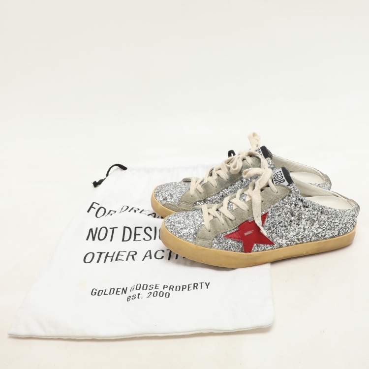 Pre Owned Golden Goose Silver Glitter and Suede Superstar Mule Sneakers Size 36
