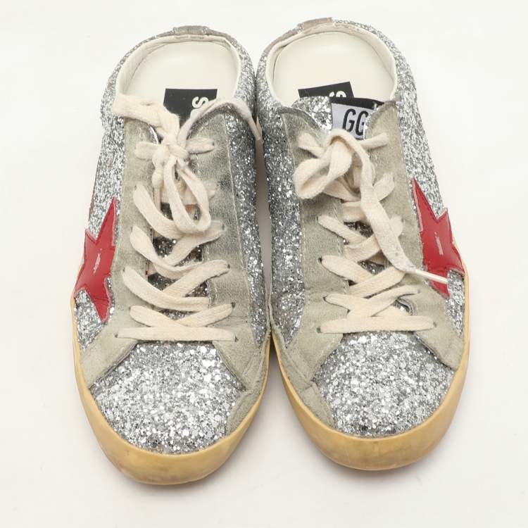 Pre Owned Golden Goose Silver Glitter and Suede Superstar Mule Sneakers Size 36