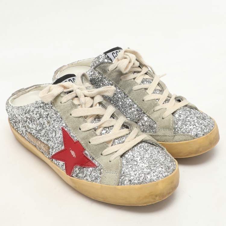Pre Owned Golden Goose Silver Glitter and Suede Superstar Mule Sneakers Size 36