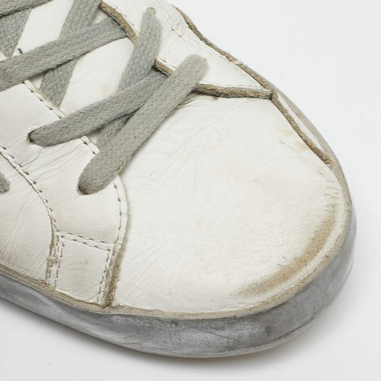 Pre Owned Golden Goose White/Grey Leather and Suede Super Star Low Top Sneakers Size 37