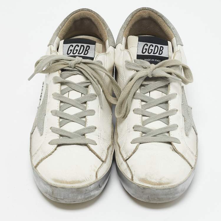Pre Owned Golden Goose White/Grey Leather and Suede Super Star Low Top Sneakers Size 37