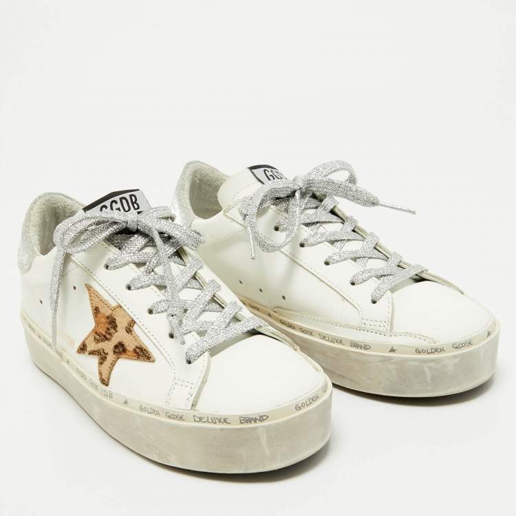 Pre Owned Golden Goose White/Brown Leather Hi Star Lace Up Sneakers Size 36