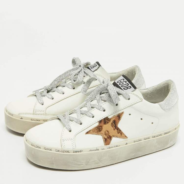 Pre Owned Golden Goose White/Brown Leather Hi Star Lace Up Sneakers Size 36