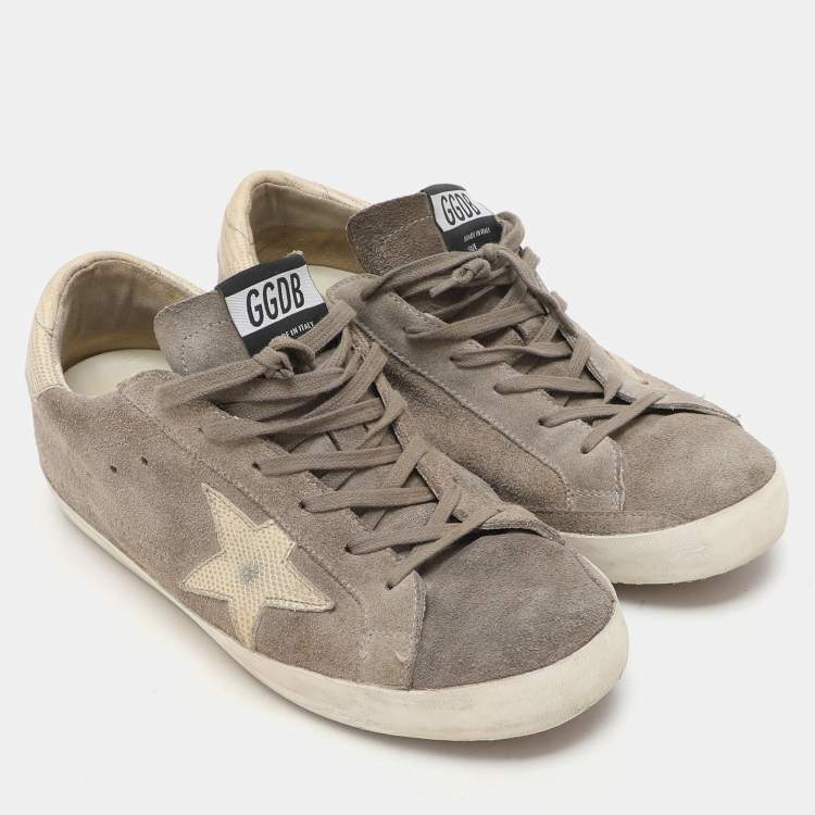 Pre Owned Golden Goose Taupe Suede and Lizard Embossed Superstar Low Top Sneakers Size 42