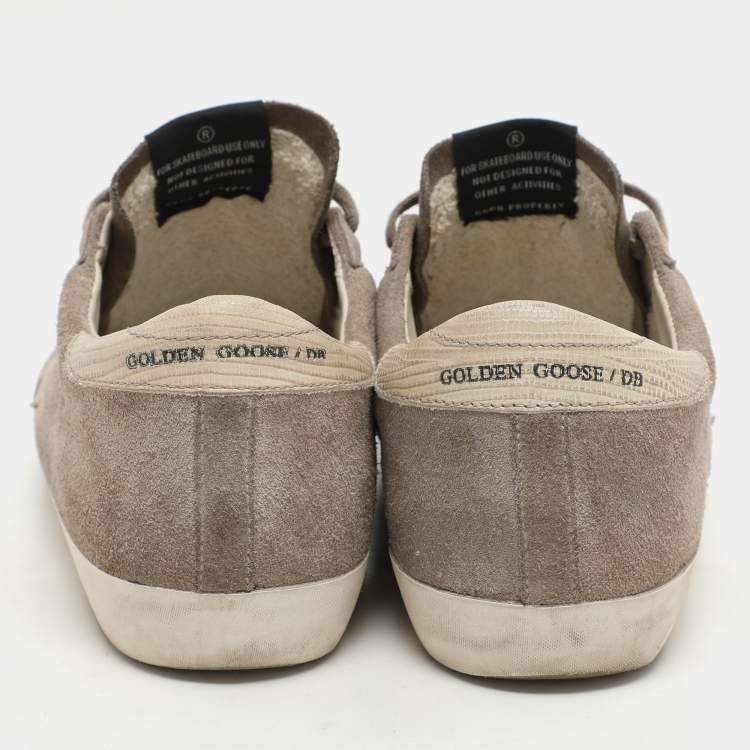 Pre Owned Golden Goose Taupe Suede and Lizard Embossed Superstar Low Top Sneakers Size 42