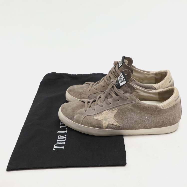 Pre Owned Golden Goose Taupe Suede and Lizard Embossed Superstar Low Top Sneakers Size 42