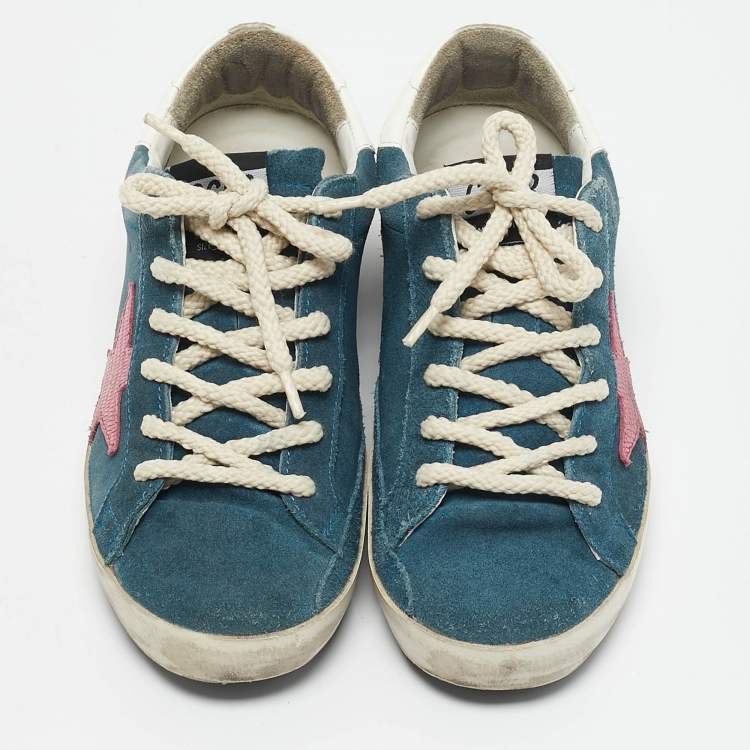 Pre Owned Golden Goose Blue Leather and Suede Super Star Low Top Sneakers Size 36