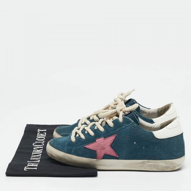 Pre Owned Golden Goose Blue Leather and Suede Super Star Low Top Sneakers Size 36