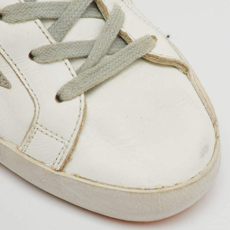 Pre Owned Golden Goose White/Orange Leather and Suede Superstar Low Top Sneakers Size 37