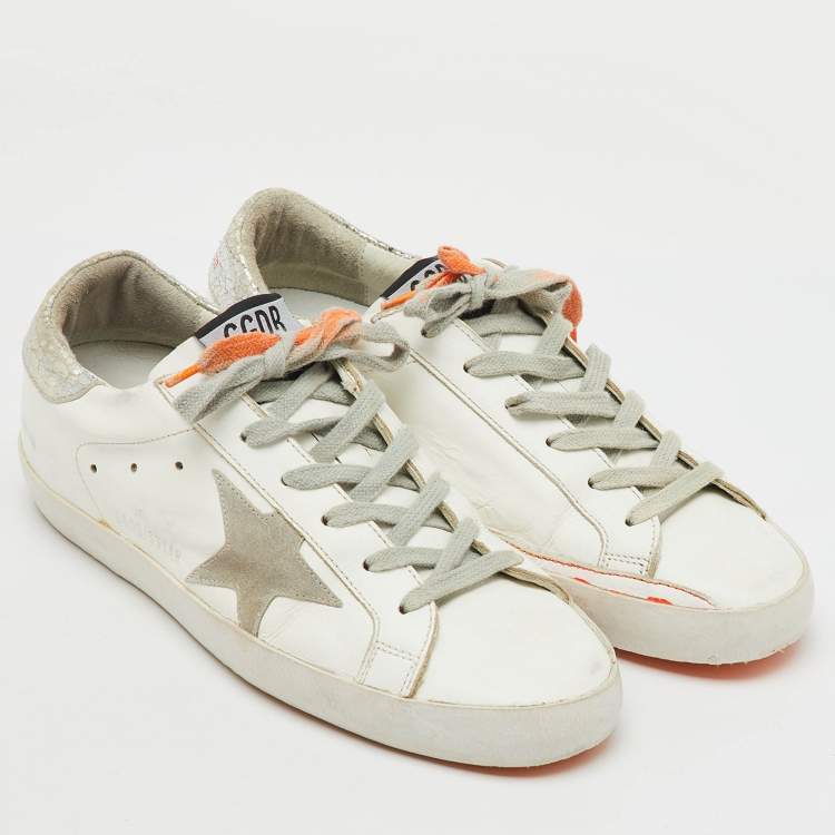 Pre Owned Golden Goose White/Orange Leather and Suede Superstar Low Top Sneakers Size 37