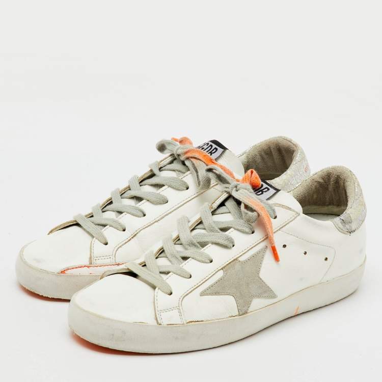 Pre Owned Golden Goose White/Orange Leather and Suede Superstar Low Top Sneakers Size 37