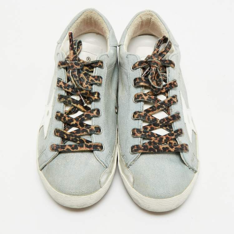 Pre Owned Golden Goose Blue Denim and Leather Superstar Lace Up Sneakers Size 39