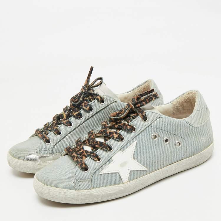 Pre Owned Golden Goose Blue Denim and Leather Superstar Lace Up Sneakers Size 39