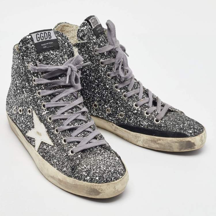 Pre Owned Golden Goose Silver/White Glitter and Leather High Top Francy Sneakers Size 40