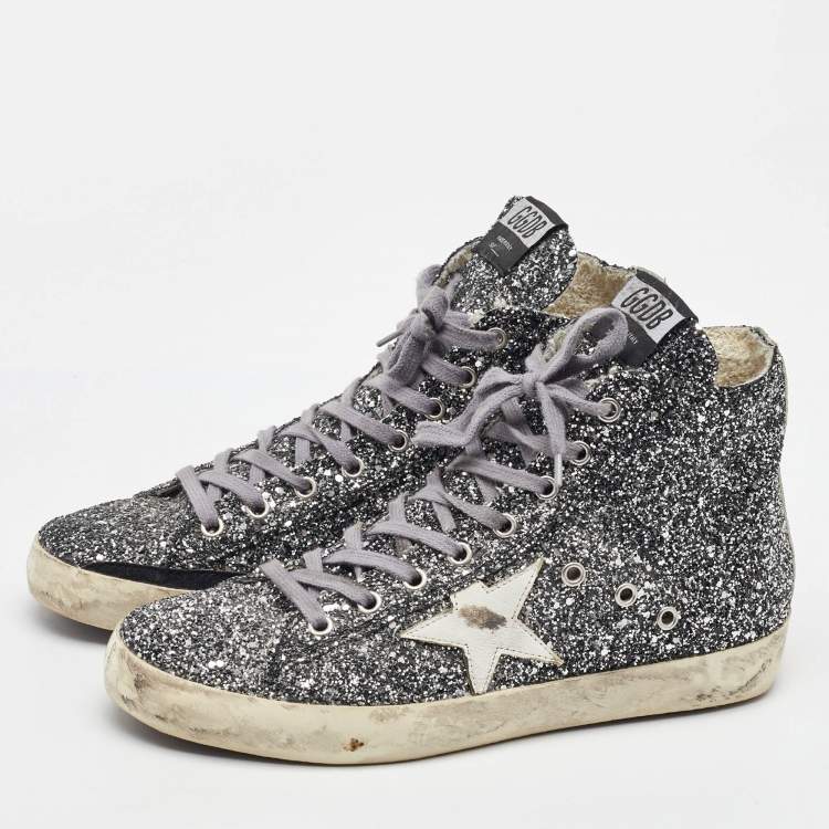 Pre Owned Golden Goose Silver/White Glitter and Leather High Top Francy Sneakers Size 40