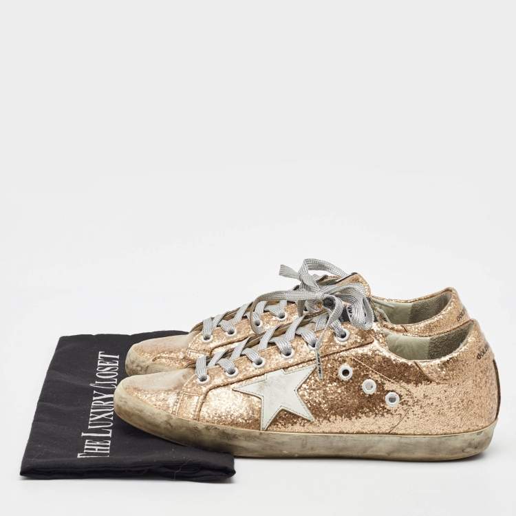 Pre Owned Golden Goose Metallic Gold Glitter PVC Superstar Low Top Sneakers Size 40