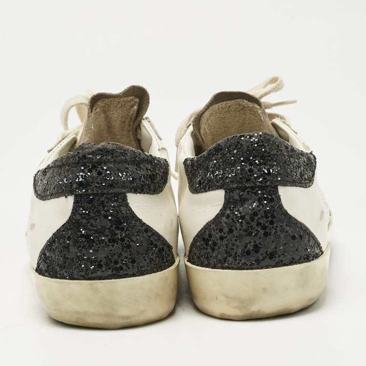 Pre Owned Golden Goose White/Black Glitter and Leather Super Star Lace Up Sneakers Size 39