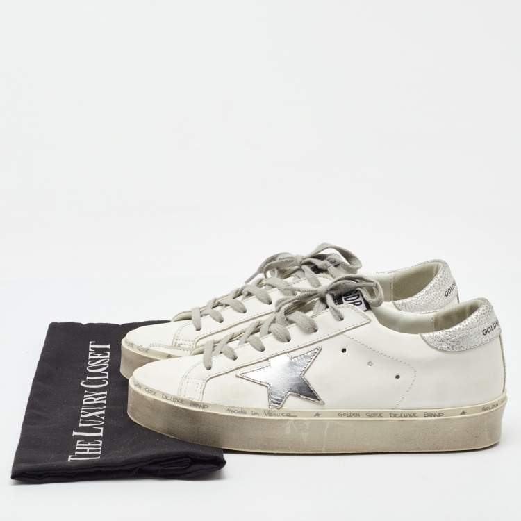 Pre Owned Golden Goose White/Silver Leather Hi Star Low Top Sneakers Size 38