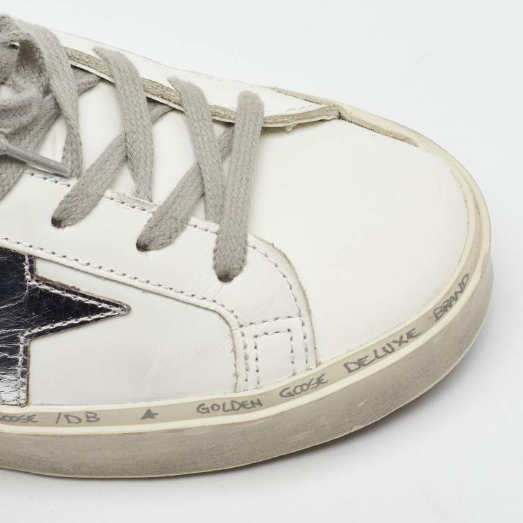 Pre Owned Golden Goose White/Silver Leather Hi Star Low Top Sneakers Size 38