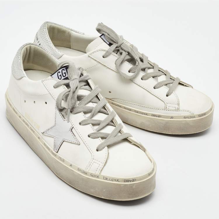 Pre Owned Golden Goose White/Silver Leather Hi Star Low Top Sneakers Size 38