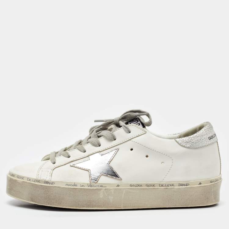 Pre Owned Golden Goose White/Silver Leather Hi Star Low Top Sneakers Size 38