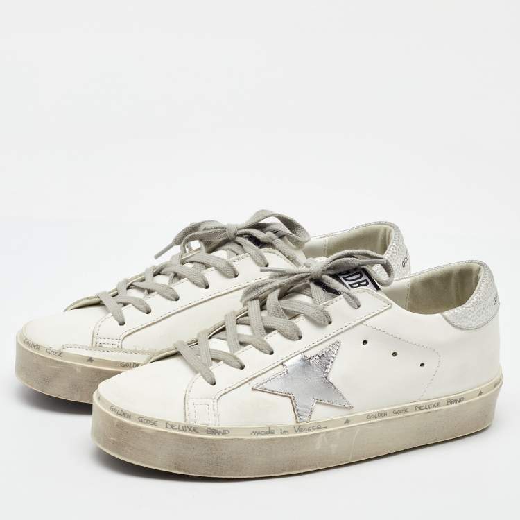 Pre Owned Golden Goose White/Silver Leather Hi Star Low Top Sneakers Size 38