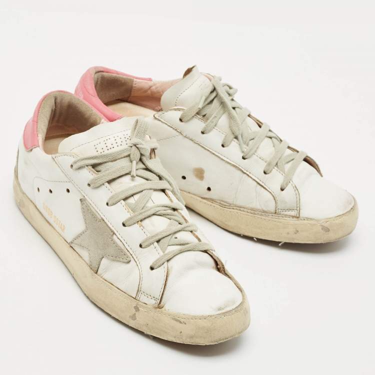 Pre Owned Golden Goose White/Pink Leather Super Star Lace Up Sneakers Size 39