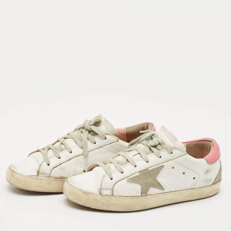 Pre Owned Golden Goose White/Pink Leather Super Star Lace Up Sneakers Size 39