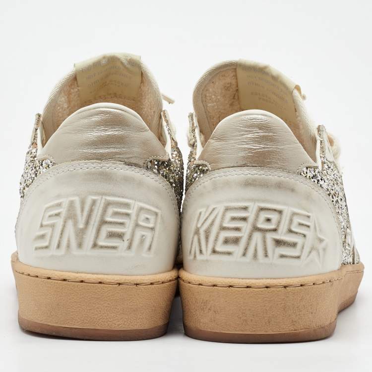 Pre Owned Golden Goose White/Silver Glitter and Leather Ball Star Low Top Sneakers Size 39