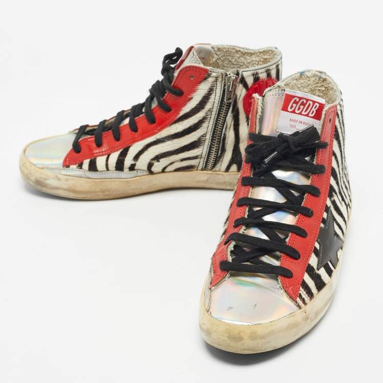 Pre Owned Golden Goose Multicolor Zebra Calf Hair and Leather Francy High Top Sneakers Size 38