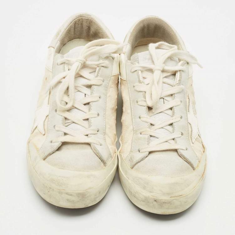 Pre Owned Golden Goose White/Grey Leather and Suede Superstar Lace Up Sneakers Size 38