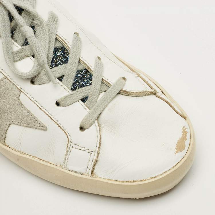 Pre Owned Golden Goose White Leather and Suede Superstar Lace Up Sneakers Size 37