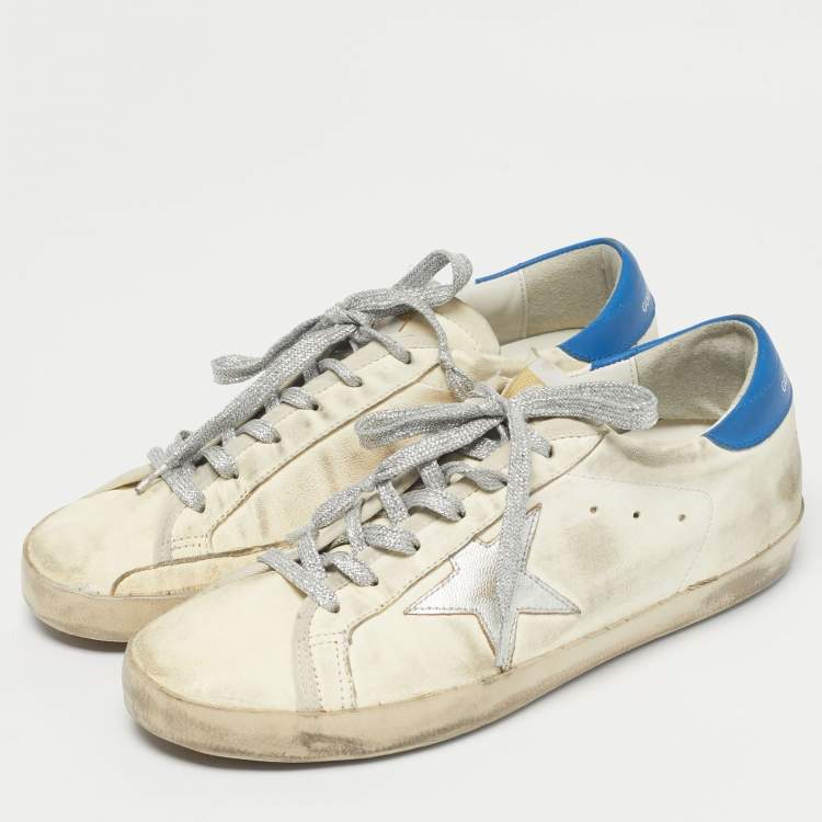 Pre Owned Golden Goose White/Blue Leather Super Star Lace Up Sneakers Size 41