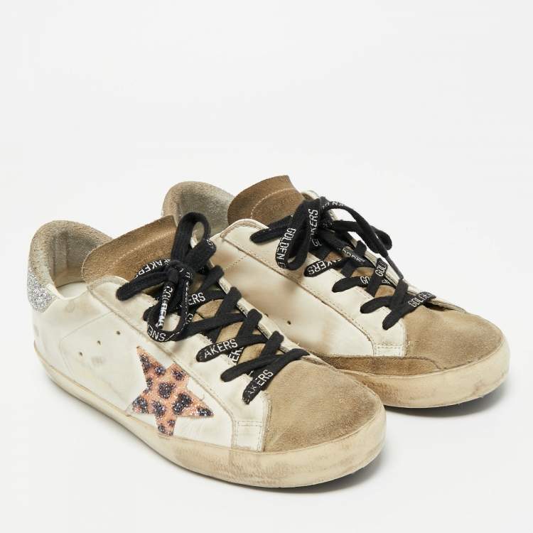 Pre Owned Golden Goose White Leather and Suede Superstar Lace Up Sneakers Size 37