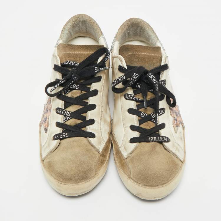 Pre Owned Golden Goose White Leather and Suede Superstar Lace Up Sneakers Size 37