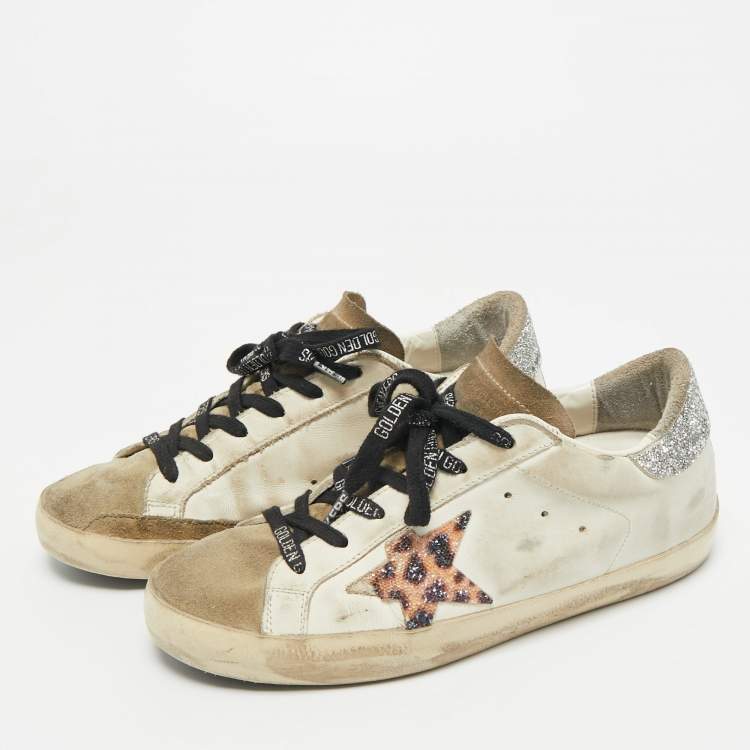 Pre Owned Golden Goose White Leather and Suede Superstar Lace Up Sneakers Size 37