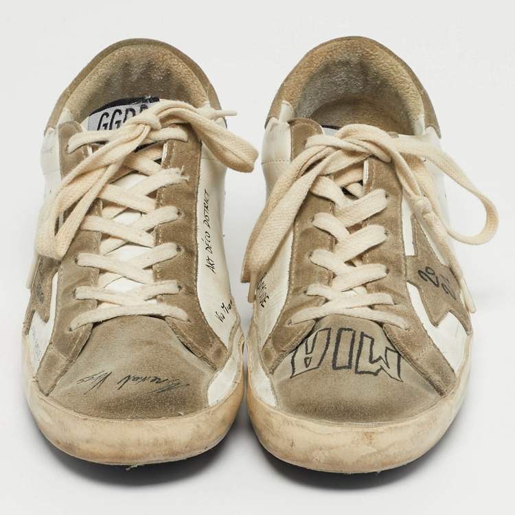 Pre Owned Golden Goose White/Grey Leather and Suede Superstar Lace Up Sneakers Size 37