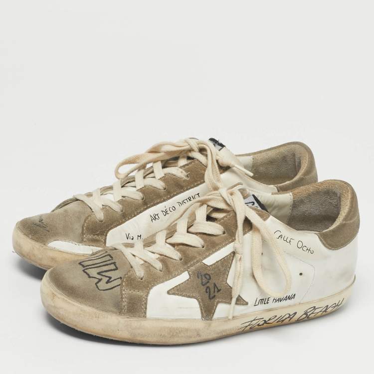 Pre Owned Golden Goose White/Grey Leather and Suede Superstar Lace Up Sneakers Size 37