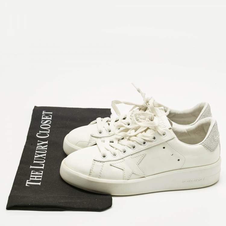 Pre Owned Golden Goose White/Silver Glitter and Leather PureStar Low Top Sneakers Size 35